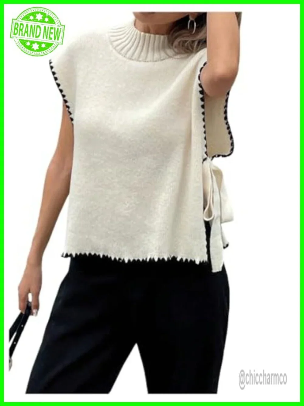 Mock Neck Cap Sleeve Soft Knit Sweater Vest Tie Knot Side Slit Lightweight Tops